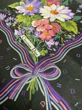 Christian Dior Floral Silk Scarf — Black with Purple & Pink Bouquet